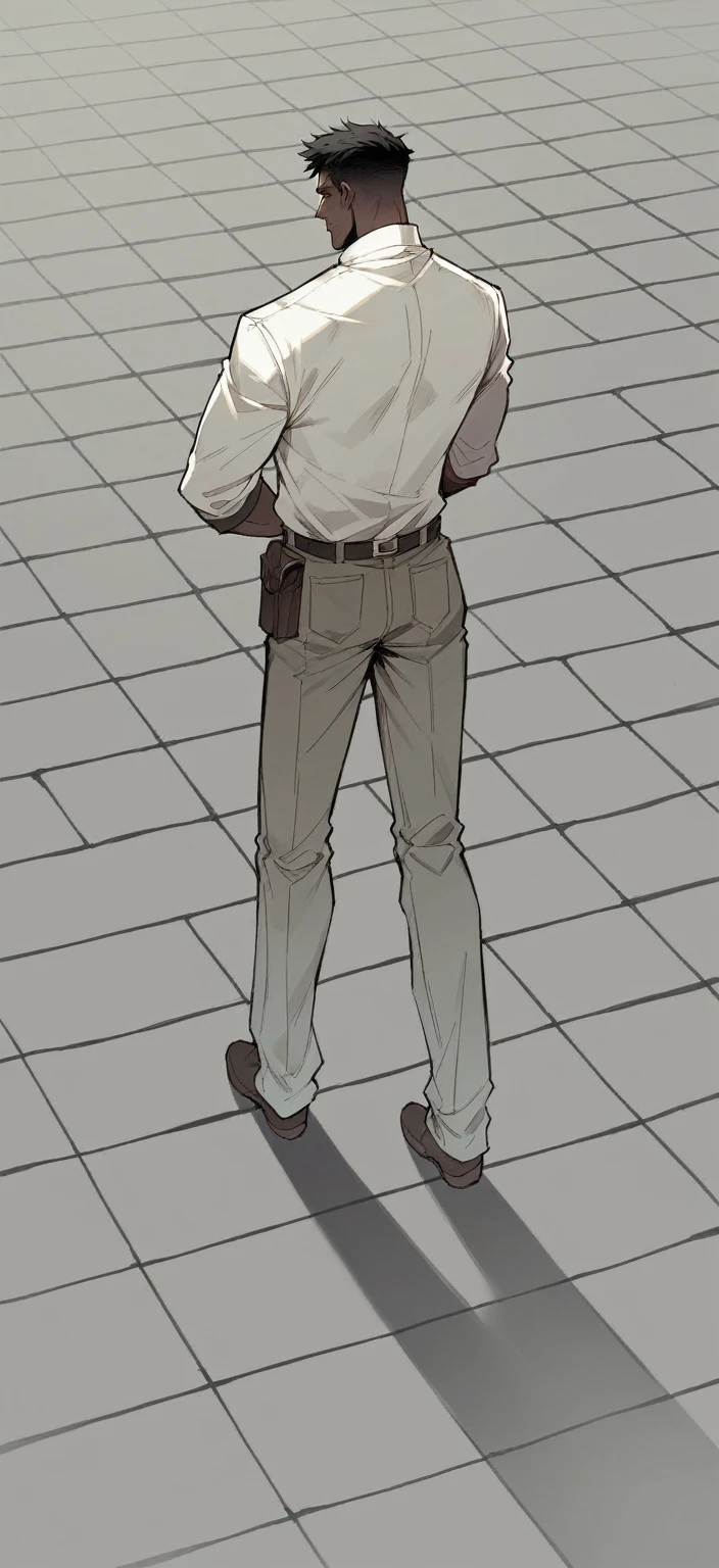 a pretty Male, brown skin ,black hair wearing a mage uniform, the man is standing with his back turned. post apocalyptic Manhwa style.