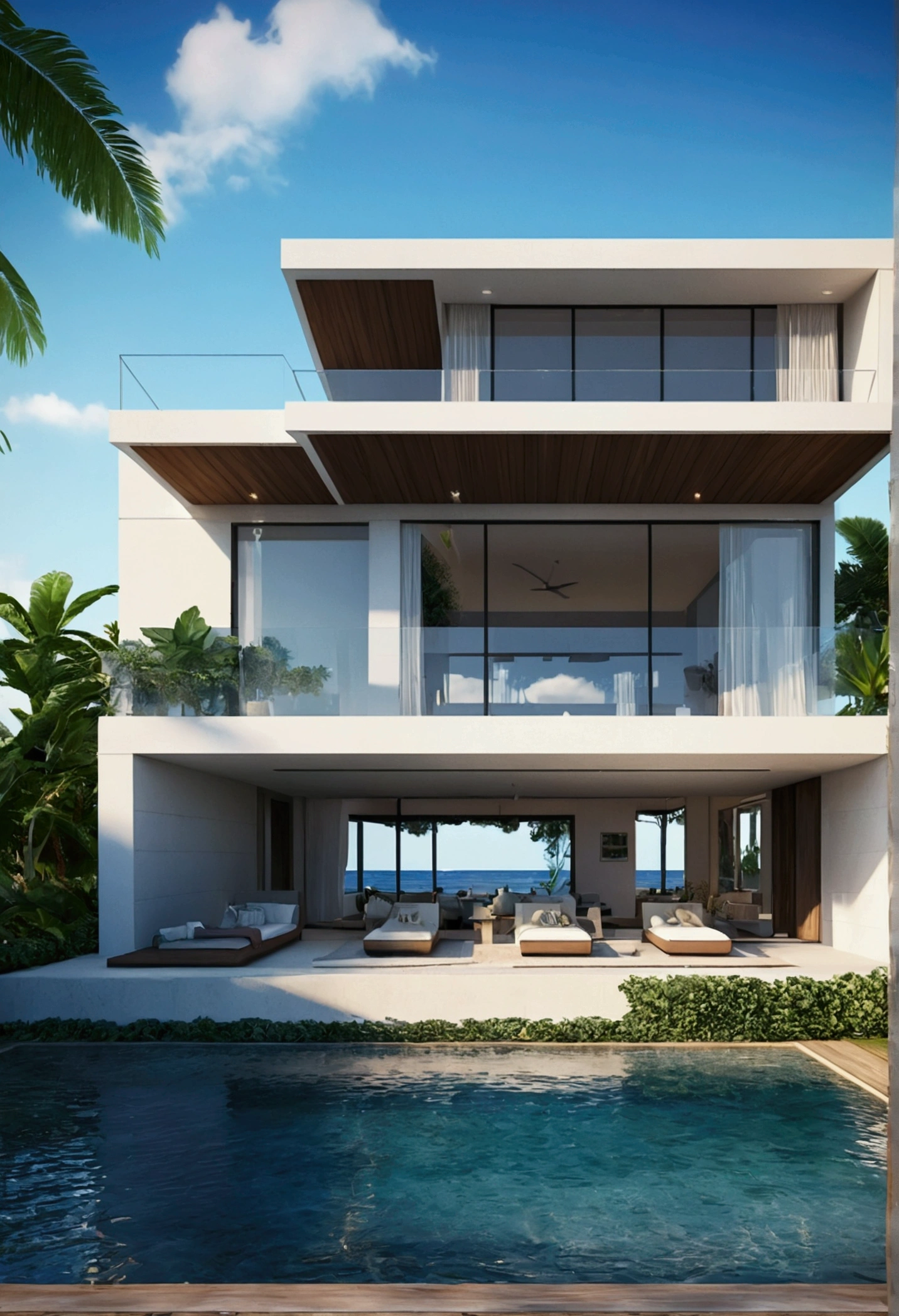 by the beach- villa modern- waves- beautiful- realistic 8D-