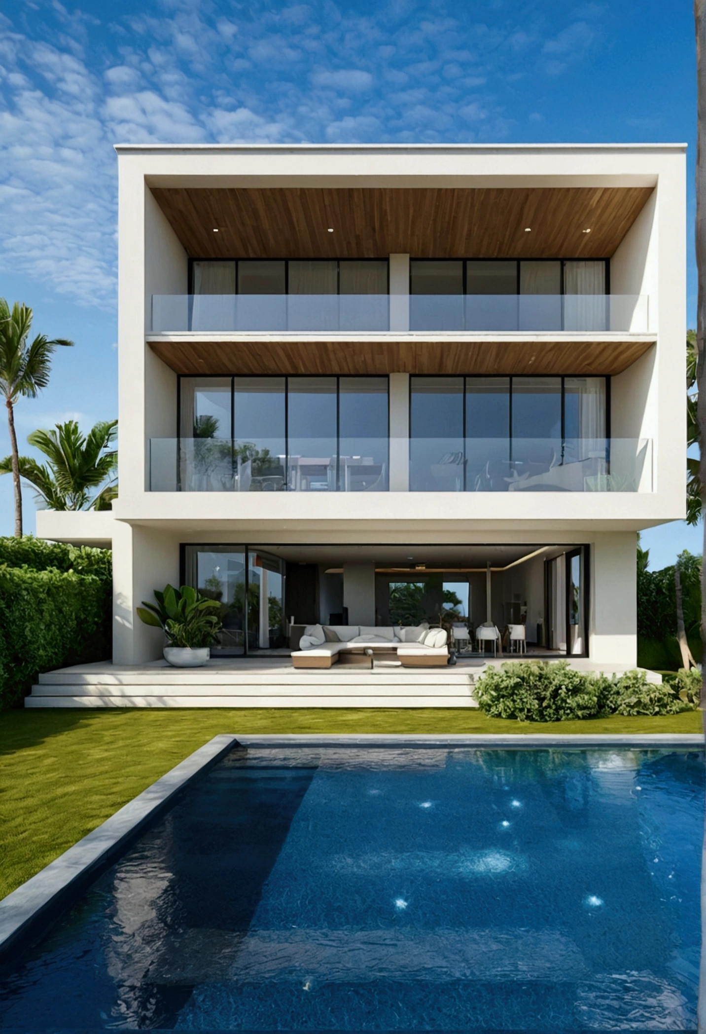 by the beach- villa modern- waves- beautiful- realistic 8D-