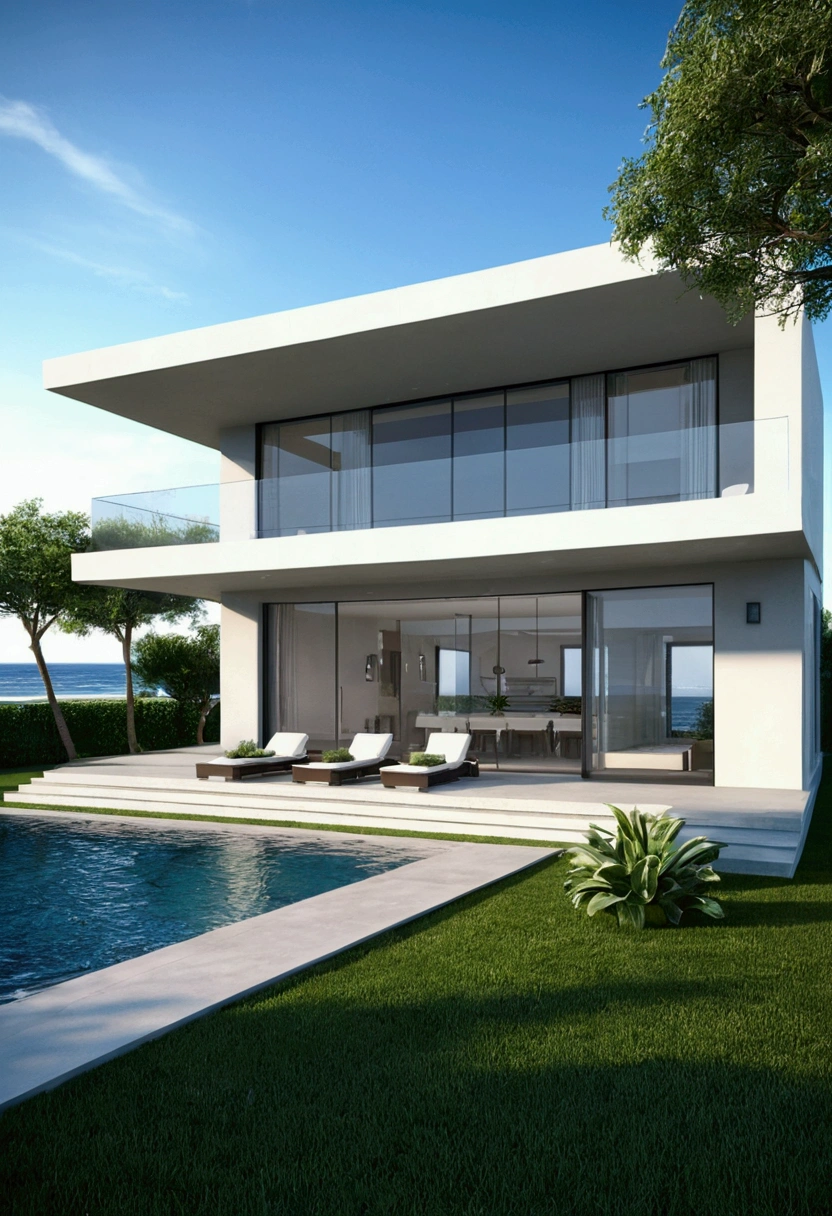 by the beach- villa modern- waves- beautiful- realistic 8D-