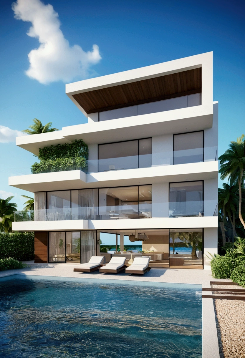 by the beach- villa modern- waves- beautiful- realistic 8D-