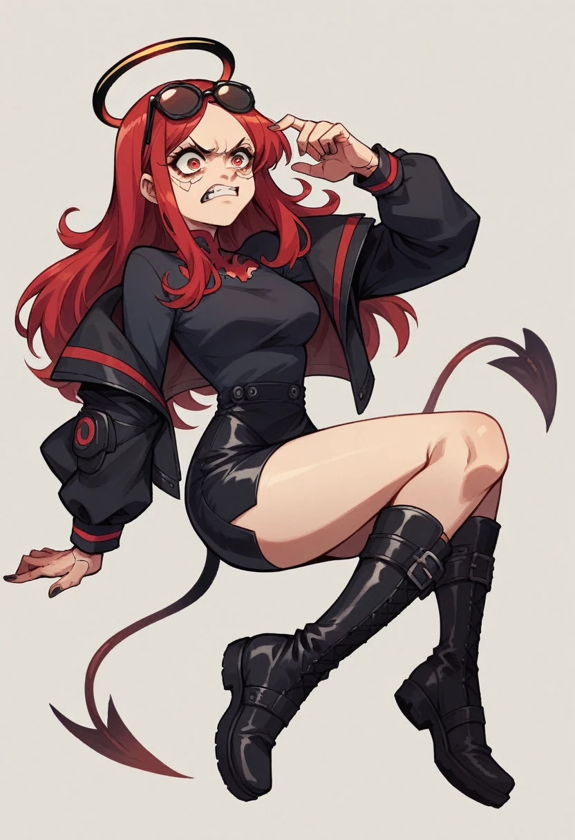 アニメ, best qualityer, Caucasian female, long red hair, Red eye , long sleeve black fitted shirt , black short skirt , black long boots,black halo, black cyberpunk glasses on head, black devil syrup, with an angry face 