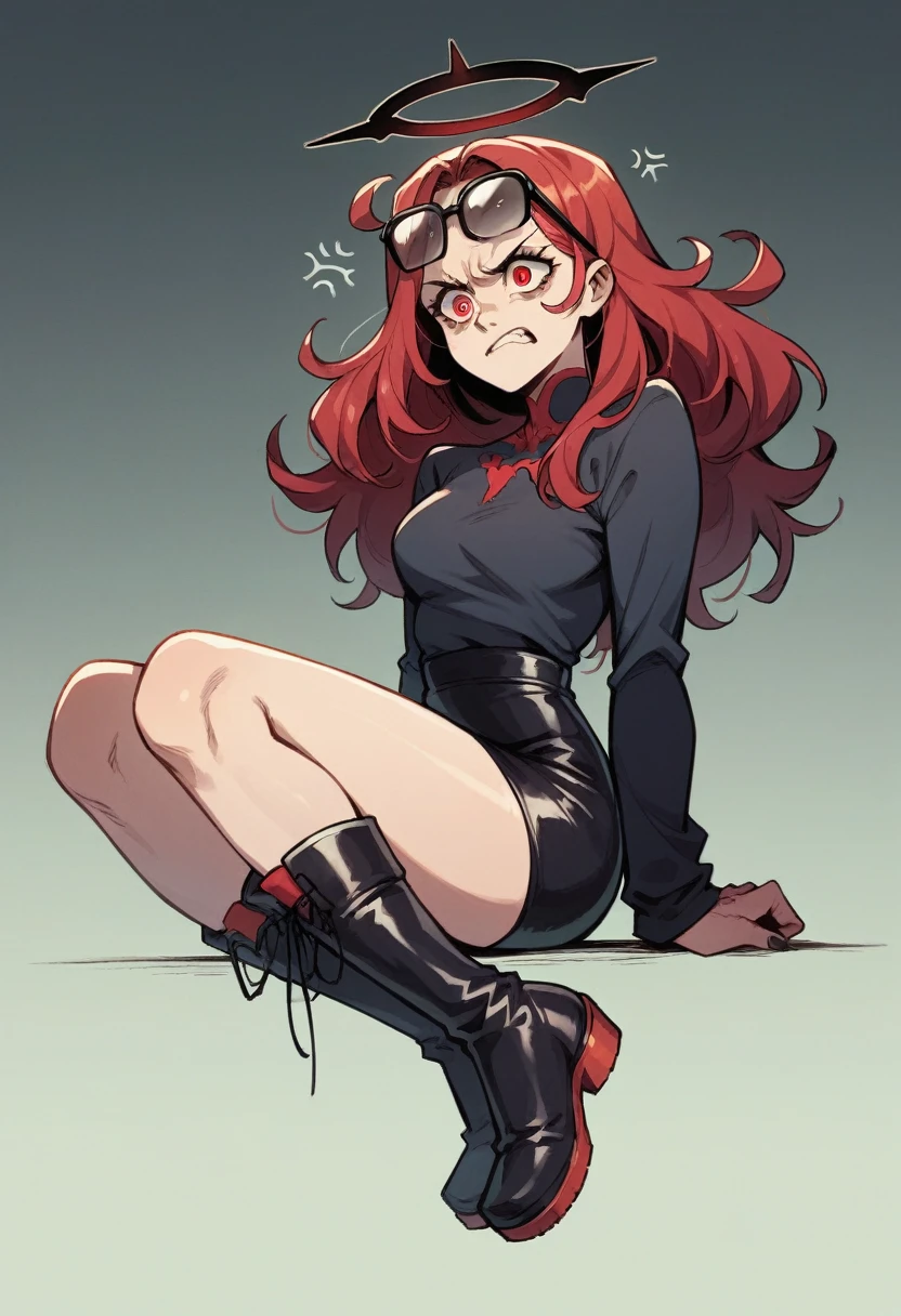 アニメ, best qualityer, Caucasian female, long red hair, Red eye , long sleeve black fitted shirt , black short skirt , black long boots,black halo, black cyberpunk glasses on head, black devil syrup, with an angry face