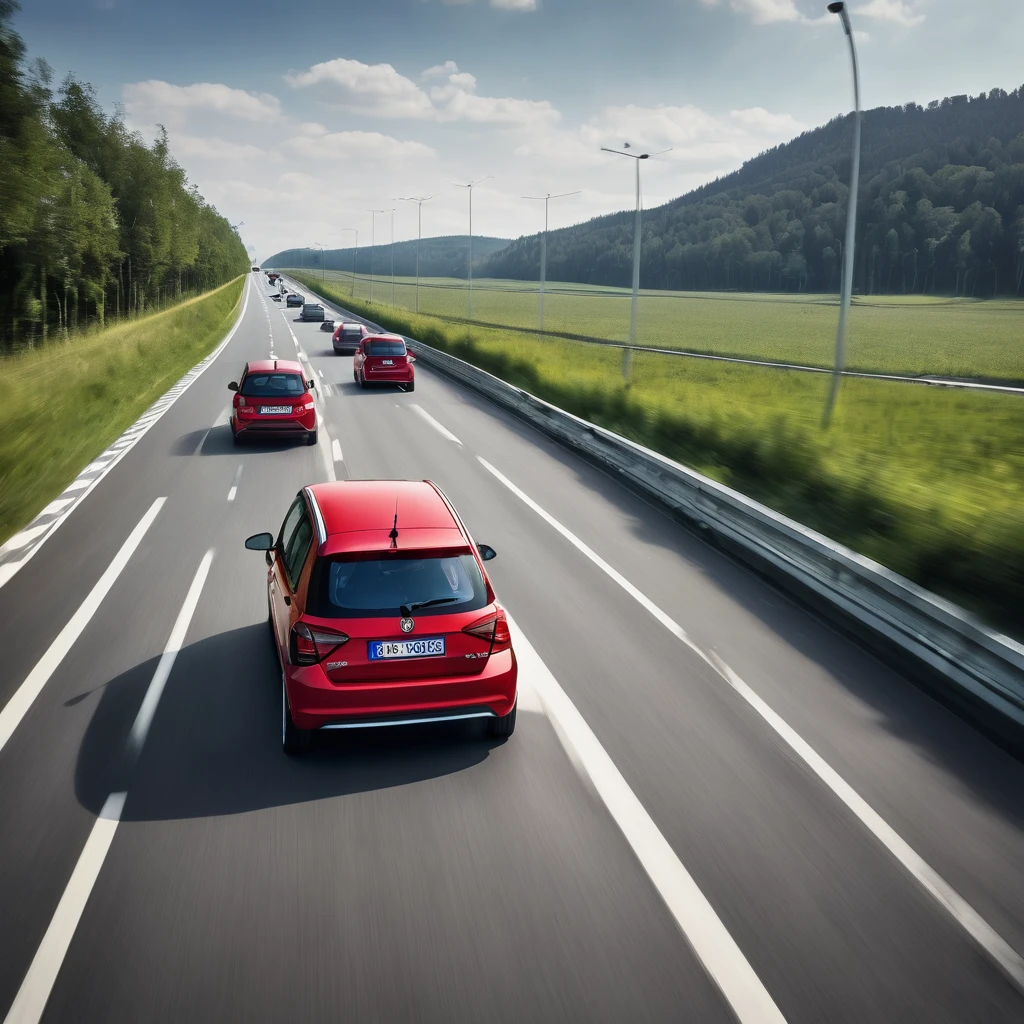 a four-lane highway on which a large modern black European electric car is driving slowly in the right slower lane and is overtaken by a faster moving old red Škoda Fabia 2000 car in the left faster lane, top view, high quality detail, photo