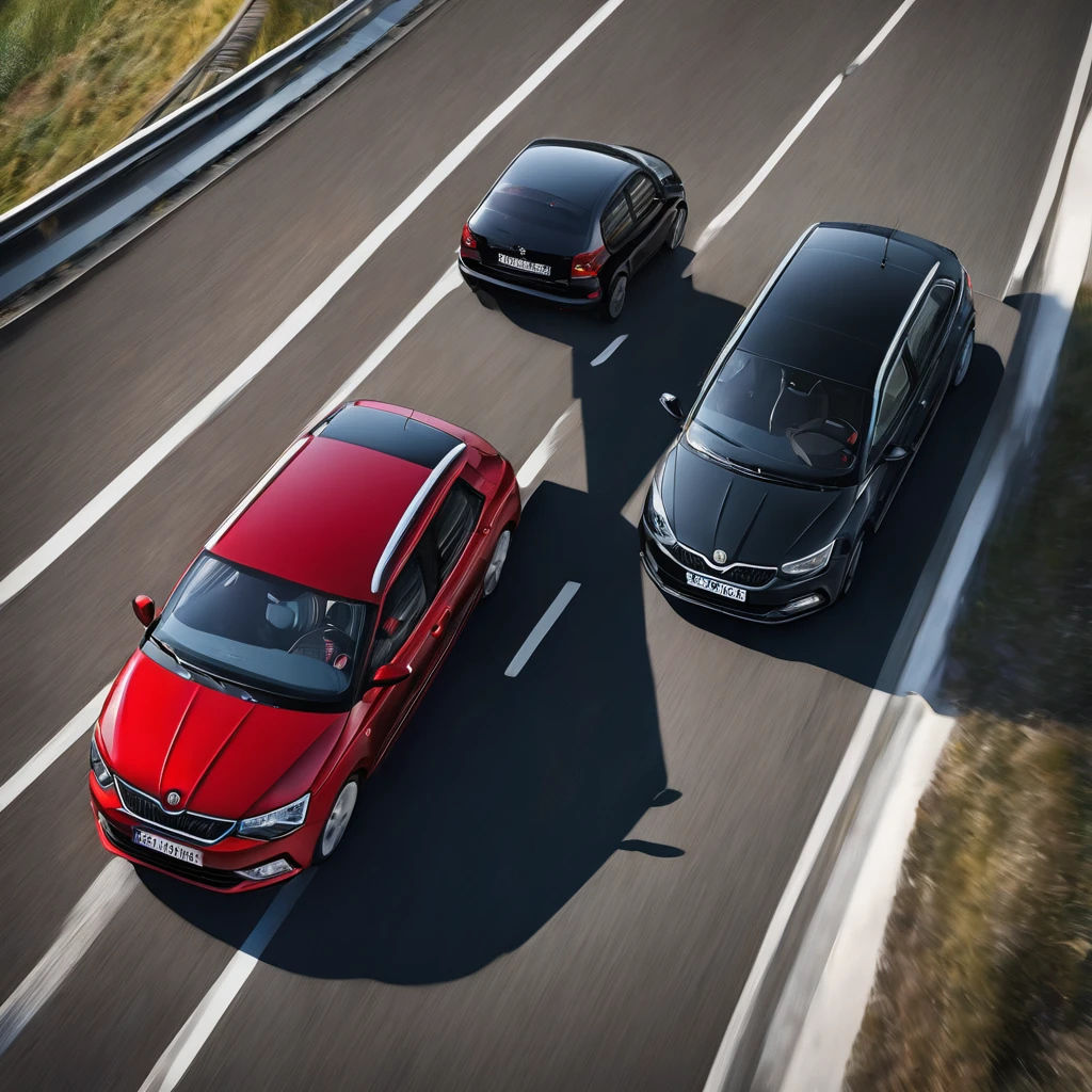 a four-lane highway on which a large modern black European electric car is driving slowly in the right slower lane and is overtaken by a faster moving old red Škoda Fabia 2000 car in the left faster lane, top view, high quality detail, photo