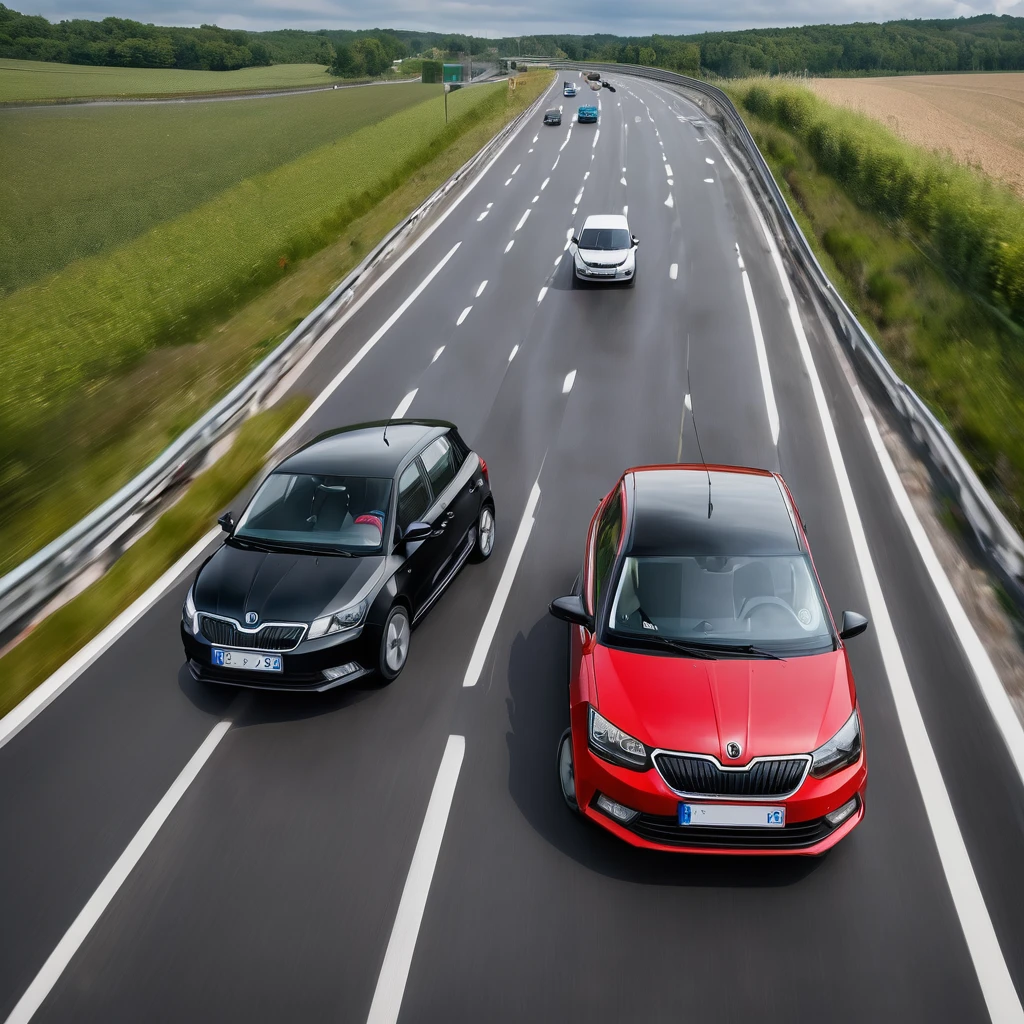 a four-lane highway on which a large modern black European electric car is driving slowly in the right slower lane and is overtaken by a faster moving old red Škoda Fabia 2000 car in the left faster lane, top view, high quality detail, photo