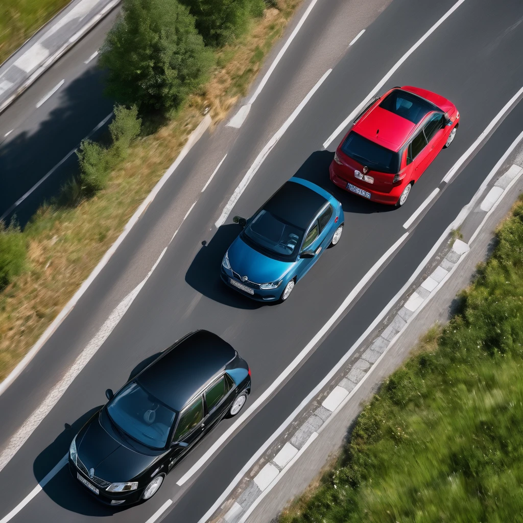 a four-lane highway on which a large modern black European electric car is driving slowly in the right slower lane and is overtaken by a faster moving old red Škoda Fabia 2000 car in the left faster lane, top view, high quality detail, photo