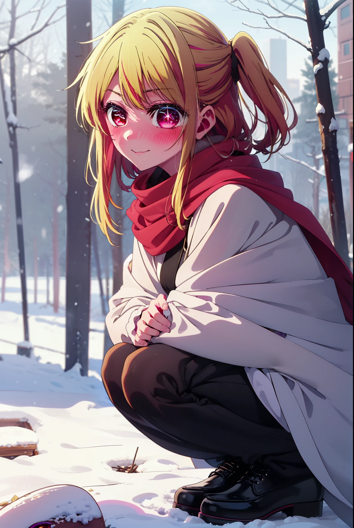 rubyhoshino, Hoshino Ruby, Long Hair, bangs, blonde, (Pink Eyes:1.3), Side Lock, (Symbol-shaped pupil:1.5), Multicolored Hair, Two-tone hair, smile,,smile,blush,white breath,
Open your mouth,snow,Ground bonfire, Outdoor, boots, snowing, From the side, wood, suitcase, Cape, Blurred, , forest, White handbag, nature, Squat, Mouth closed, Cape, winter, Written boundary depth, Black shoes, red Cape break looking at viewer, Upper Body, whole body, break Outdoor, forest, nature, break (masterpiece:1.2), Highest quality, High resolution, unity 8k wallpaper, (shape:0.8), (Beautiful and beautiful eyes:1.6), Highly detailed face, Perfect lighting, Highly detailed CG, (Perfect hands, Perfect Anatomy),