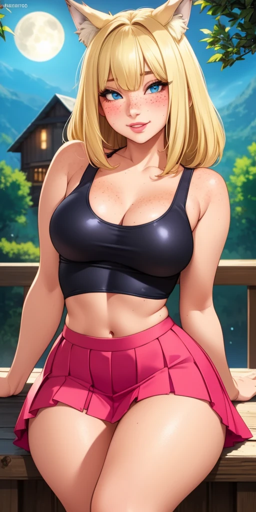 Beautiful round medium breasts, 1girl, ((blonder hair, bangs cover the eyes)) ((wolf girl, cute girl face)) light blue eyes, has an beautiful sensual body with freckles, with full breasts and thin waist, HIP HOP Beautiful and cute Long pleated skirt, latex tank top, strap fabric delicate, has a bold appearance. young, quality, realistic, best quality, cute expression, pink lipstick lips, Cute smile, leaning, on the porch illuminated by moonlight, wooden house in the forest