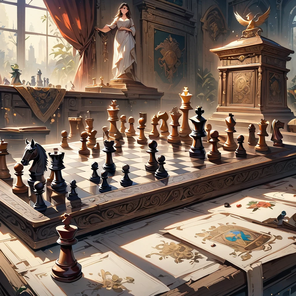Highest quality, High resolution, Very detailed, Realistic, Vintage Chess Game, An illustration, Hand-drawn, Antique game board, Exquisite wooden chess pieces, Aged texture, Nostalgic atmosphere, Sepia Tone, Soft lighting, Detailed engraving, Complex pattern on a chessboard, Intricate metal fasteners, Delicate workmanship, Exquisite carving, Decorative borders, Ancient masterpieces, Immersive Gaming Experience, Complex game strategy, Black and white contrast, Deep Shadow, Faded elegance, The graceful movements of chess pieces, Immortal Nostalgia, historical charm, Timeless elegance.