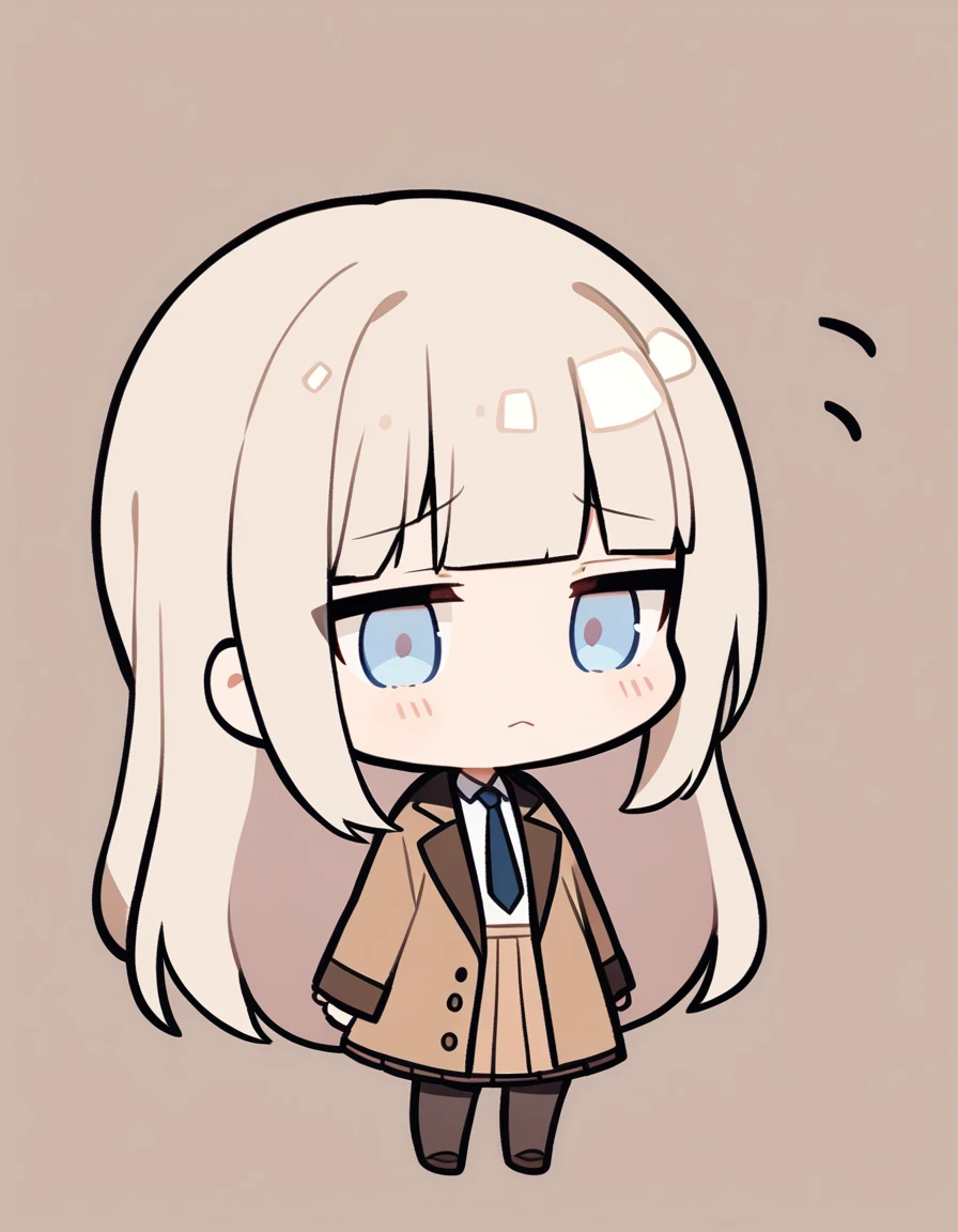 One girl, Beige hair、Long Hair、Bangs、Detective Suit、chibi,Light blue eyes、simple background、Kyoton Face、skirt、Brown clothes、Tired face