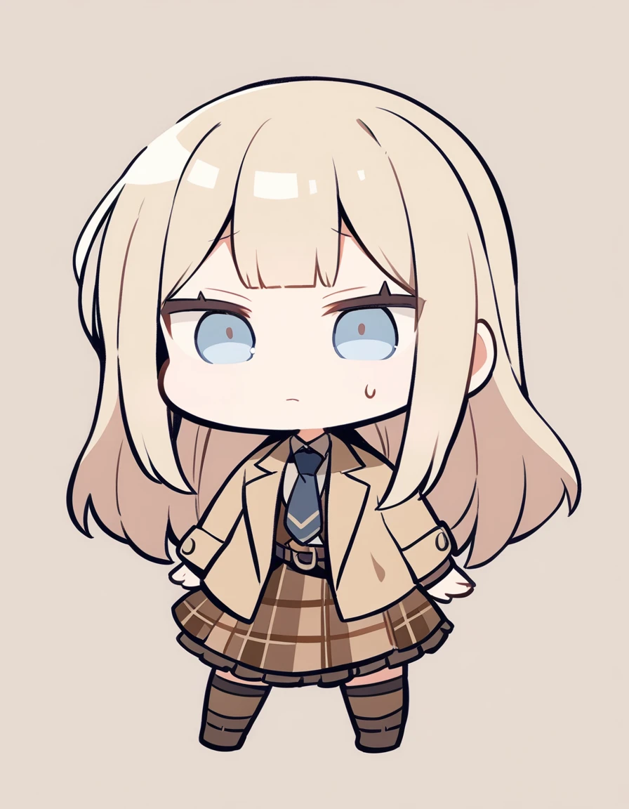 One girl, Beige hair、Long Hair、Bangs、Detective Suit、chibi,Light blue eyes、simple background、Kyoton Face、skirt、Brown clothes、Tired face