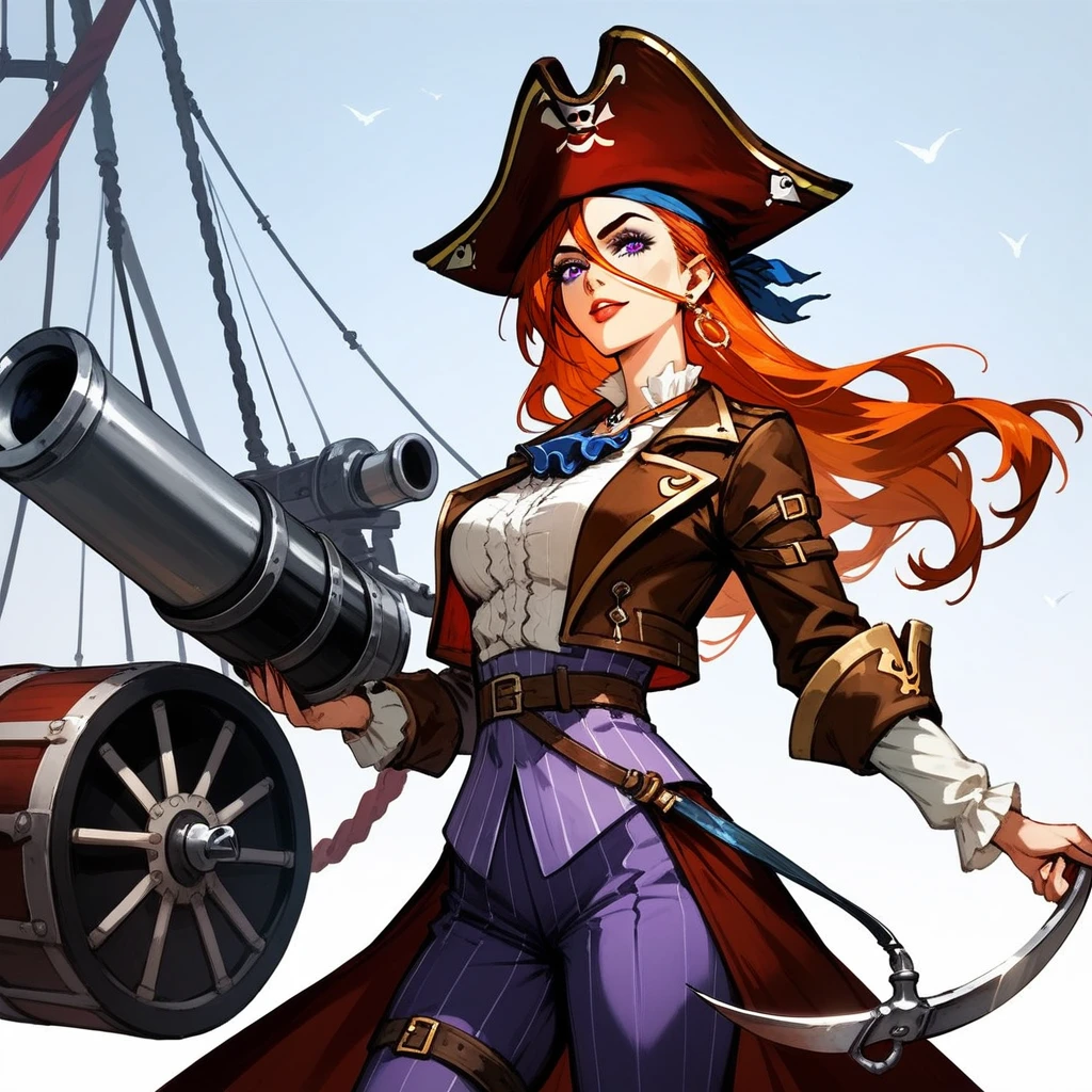 (score_9,score_8_up,score_7_up,score_6_up,score_5_up,score_4_up) Pirate in a purple outfit with golden hook and hand cannon in Pulp Art style