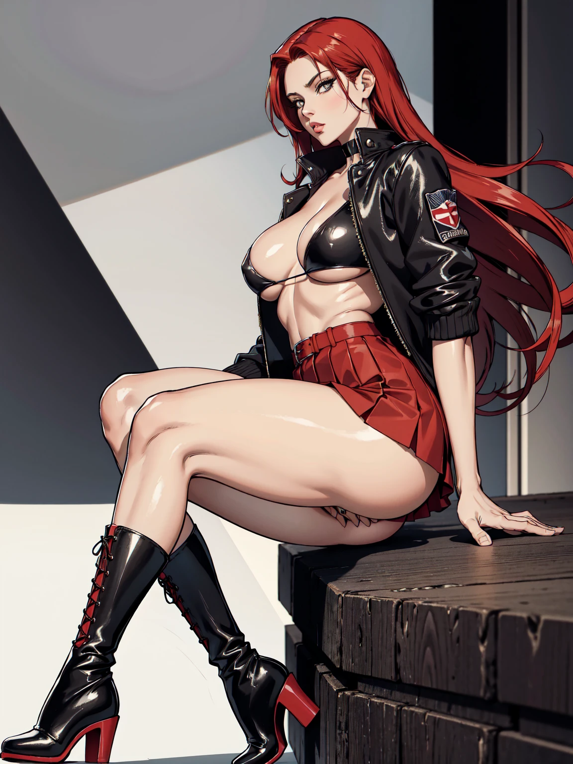 ((Mega art, ultra detailed)), Big ass, thin waist, long legs, red hair, very mature face, short skirt, long socks, black boots, black jacket, no bra, no t-shirt, short white hair, very physical in the breasts, Extremely tall, beautiful body