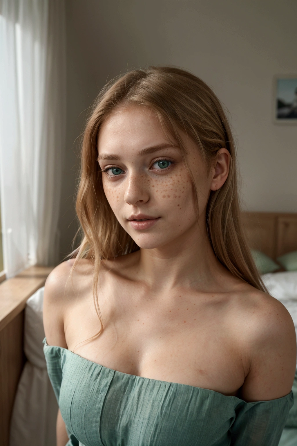a woman with very soft and subtle freckles on her face, perfect face), 4k, beautiful young model, 8k soft portrait, reddened face and , anna nikonova aka newmilky, sexy look at the camera, luminous skin, beautiful young woman, extremely beautiful face, perfect face and eyes, extremely beautiful face and green eyes round face, detailed perfect face, sexy beautiful face with intense light green eyes, perfect face with soft beautiful freckles, beautiful attractive face, beautiful fine facial features, beautiful detailed body and face, beautiful attractive face, beautiful hair with small waves and straight, very light brown with honey blonde highlights, giant huge tits, very pretty, very soft and luminous skin selfie, Photo d'une jeune Fille européenne de 20 ans , .RAW, beauté, (Extra-long wavy blonde hair), ((Portrait)), ((Détailée Face:1.2)), ((visage détaillé peau Finement détaillée), pale skin, , wrapped in a sheet, Bedroom setting, sitting on the bed, (couleur Froide), humide, humide, RéFlecteurs, (table) (proportions parFaites)(Photos réalistes)(best quality) (Détailée) photographed with a Canon EOS R5, ObjectiF 50mm, F/2.8, nFFsw, (8K) (Fond d'écran) (éclairage cinématographique) (Dramatic lighting) (sharp focus) (Compliqué) Fashion, From above