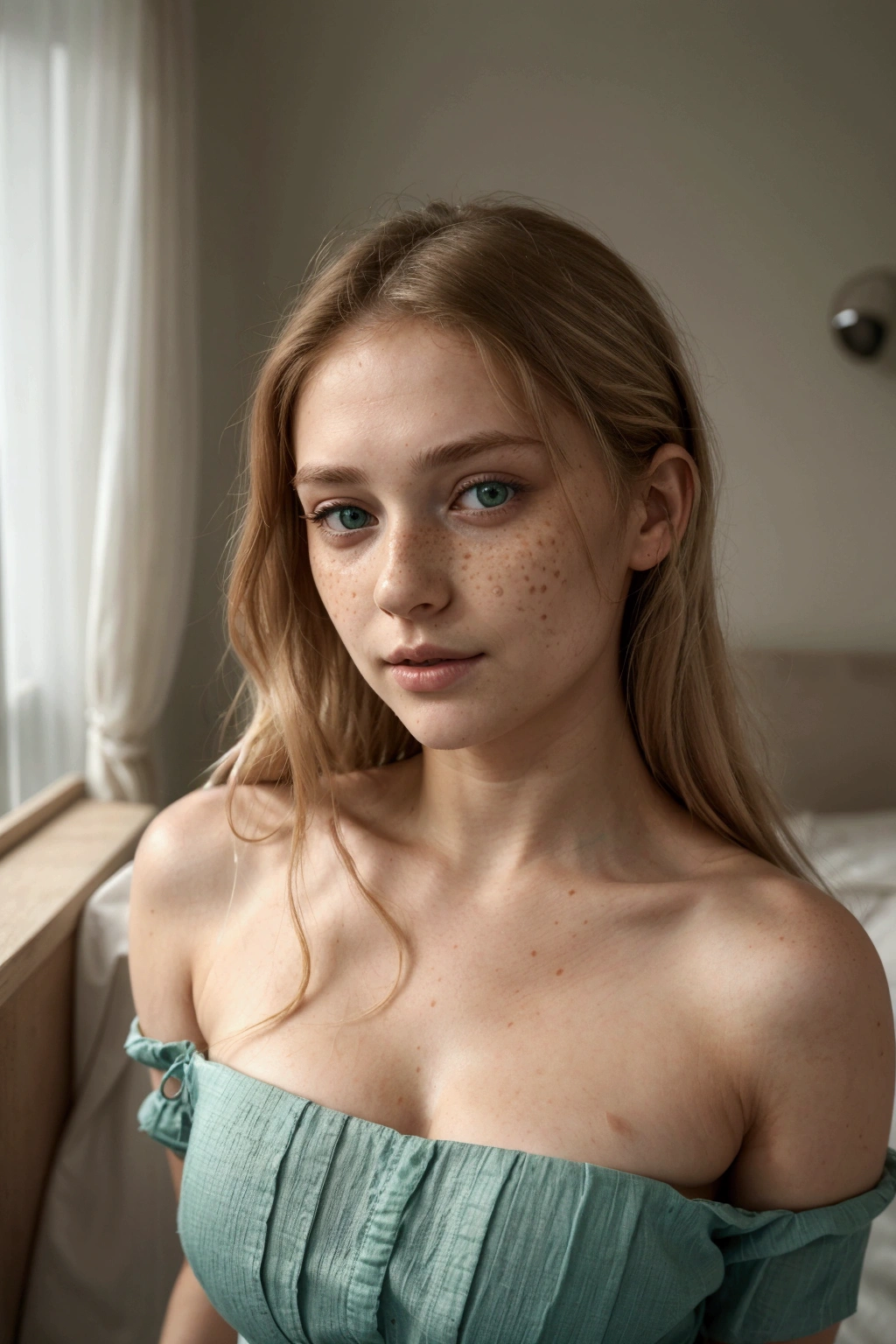 a woman with very soft and subtle freckles on her face, perfect face), 4k, beautiful young model, 8k soft portrait, reddened face and , anna nikonova aka newmilky, sexy look at the camera, luminous skin, beautiful young woman, extremely beautiful face, perfect face and eyes, extremely beautiful face and green eyes round face, detailed perfect face, sexy beautiful face with intense light green eyes, perfect face with soft beautiful freckles, beautiful attractive face, beautiful fine facial features, beautiful detailed body and face, beautiful attractive face, beautiful hair with small waves and straight, very light brown with honey blonde highlights, giant huge tits, very pretty, very soft and luminous skin selfie, Photo d'une jeune Fille européenne de 20 ans , .RAW, beauté, (Extra-long wavy blonde hair), ((Portrait)), ((Détailée Face:1.2)), ((visage détaillé peau Finement détaillée), pale skin, , wrapped in a sheet, Bedroom setting, sitting on the bed, (couleur Froide), humide, humide, RéFlecteurs, (table) (proportions parFaites)(Photos réalistes)(best quality) (Détailée) photographed with a Canon EOS R5, ObjectiF 50mm, F/2.8, nFFsw, (8K) (Fond d'écran) (éclairage cinématographique) (Dramatic lighting) (sharp focus) (Compliqué) Fashion, From above