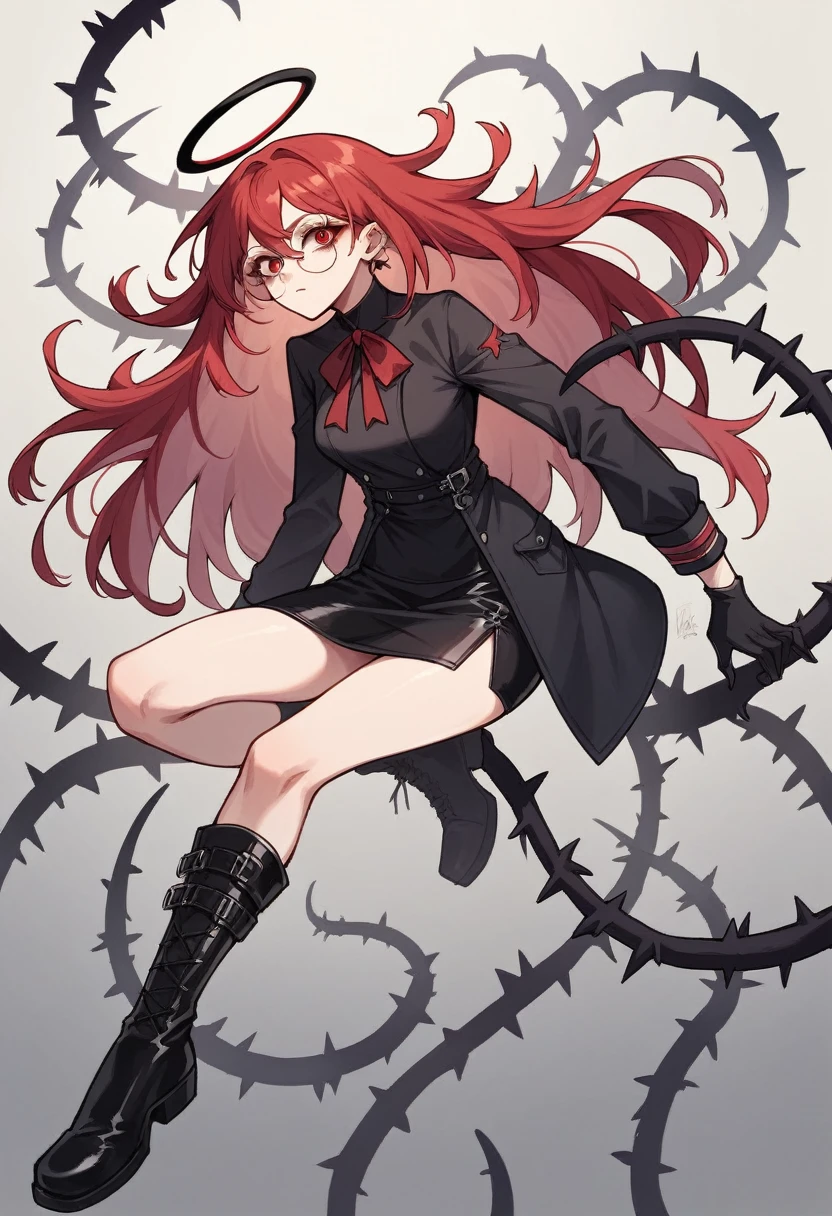 アニメ, best qualityer, Caucasian female, long red hair, Red eye , long sleeve black fitted shirt , black short skirt , black long boots,black halo, round glasses with black thorns on the head, black devil syrup, Grinning