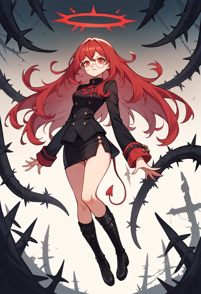 アニメ, best qualityer, Caucasian female, long red hair, Red eye , long sleeve black fitted shirt , black short skirt , black long boots,black halo, round glasses with black thorns on the head, black devil syrup, Grinning