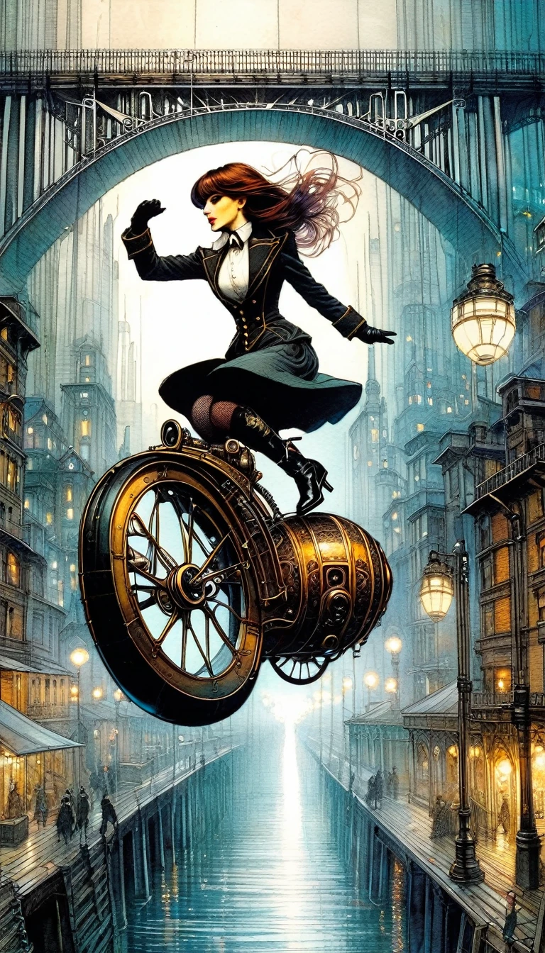 (((beautiful detailed)))1girl , Girl galloping on a steampunk monocycle ,Night, A steampunk cityscape below, Going under a brown iron bridge((masterpiece, high quality, best quality))(sharp lines:1.2)(clear line:1.2),(eye details:1.3)(thick border:1.4)line drawing, animation cel style ,Watercolor style, watercolor pencil, paper texture,Helltaker_style, (art inspired by Bill Sienkiewicz). oil painting)