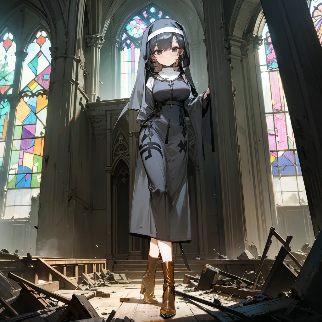 (solo), 1 skinny nun, (black sheer nun's robe), large breasts, stiletto heels, BREAK, black short hair, long sidelocks, black eyes, BREAK, short torso, skinny waist, skinny long legs, BREAK, old rotten church, devastated ruin, stained glass