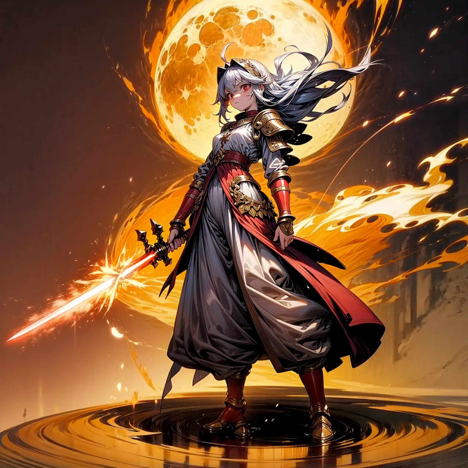 1childern girl, Full body version, 1character, red eyes, long haircut, silver colour hair, Ancient Roman clothing, gold armors, long pants, boots, Grassroots, full background in field, motion blur, lighting, (one piece art), standing gesture, gold sword in hand, lighting fire effect on sword, lighting on sword, smoke effect, fire effect, blood on background, Fire effect on background, plasma effect, moon, Moonlight 