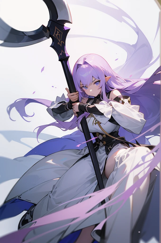 (Beautiful woman,Royal Knights),Light purple hair、Long Hair、Portrait of a noble knight,Speed Line,Combat Stance,Wield a huge weapon,Expressionless,Faint-hearted face、the below described,magma,Big Scythe、Stocky body、Shoulders out、White background、Fullbody、White clothes、Human ear、alone、Facing forward