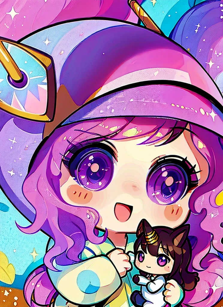 (((chibi:1.2))), 1girl,solo, high quality, dark brown long curly hair, tan skin, purple eyecolor, astronaut helmet, unicorn plushie, purple outfit