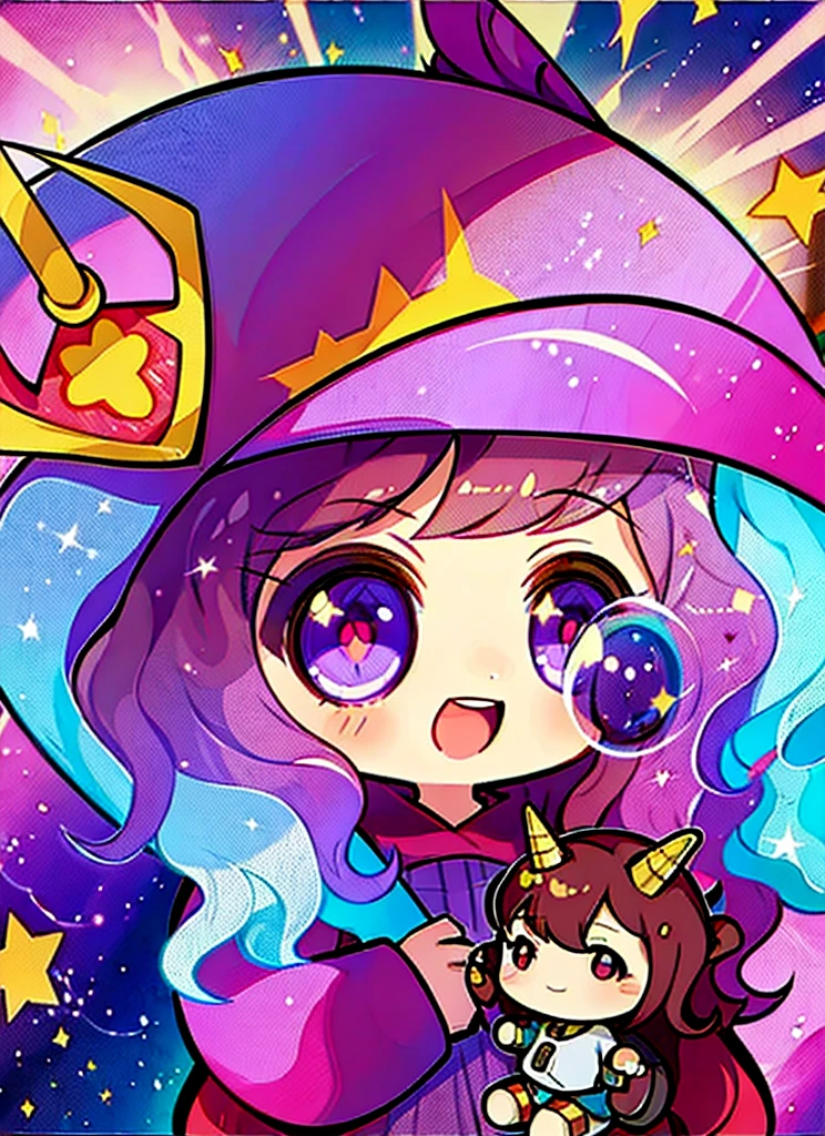 (((chibi:1.2))), 1girl,solo, high quality, dark brown long curly hair, tan skin, purple eyecolor, astronaut helmet, unicorn plushie, purple outfit