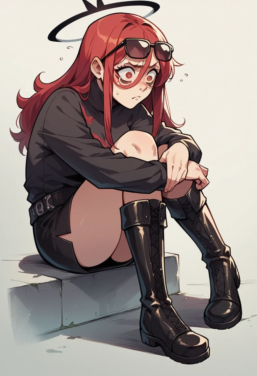アニメ, best qualityer, Caucasian female, long red hair, Red eye , long sleeve black fitted shirt , black short skirt , black long boots,black halo, black cyberpunk glasses on head, black devil syrup, ashamed 