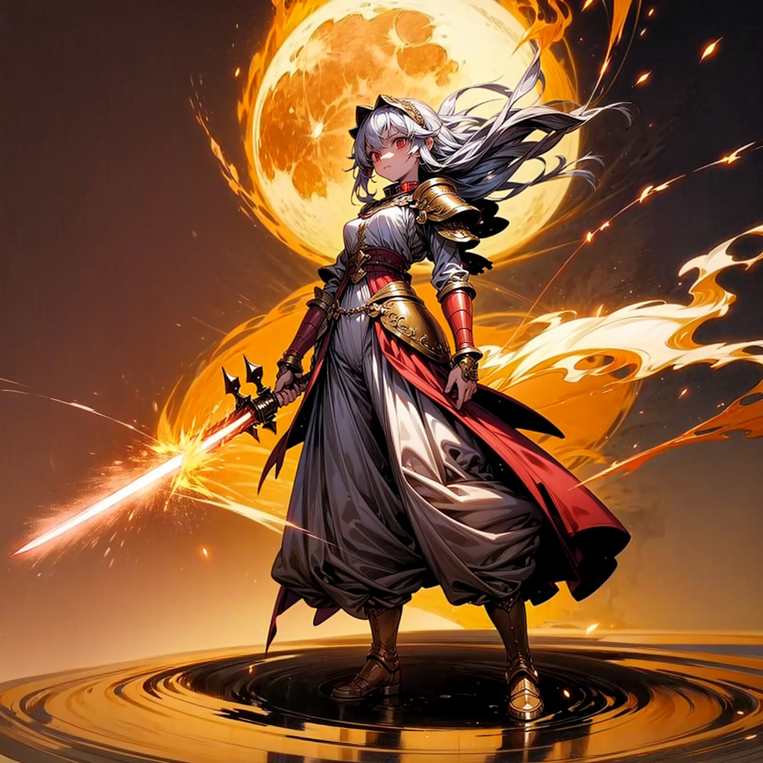 1childern girl, Full body version, 1character, red eyes, long haircut, silver colour hair, Ancient Roman clothing, gold armors, long pants, boots, Grassroots, full background in field, motion blur, lighting, (one piece art), standing gesture, gold sword in hand, lighting fire effect on sword, lighting on sword, smoke effect, fire effect, blood on background, Fire effect on background, plasma effect, moon, Moonlight 