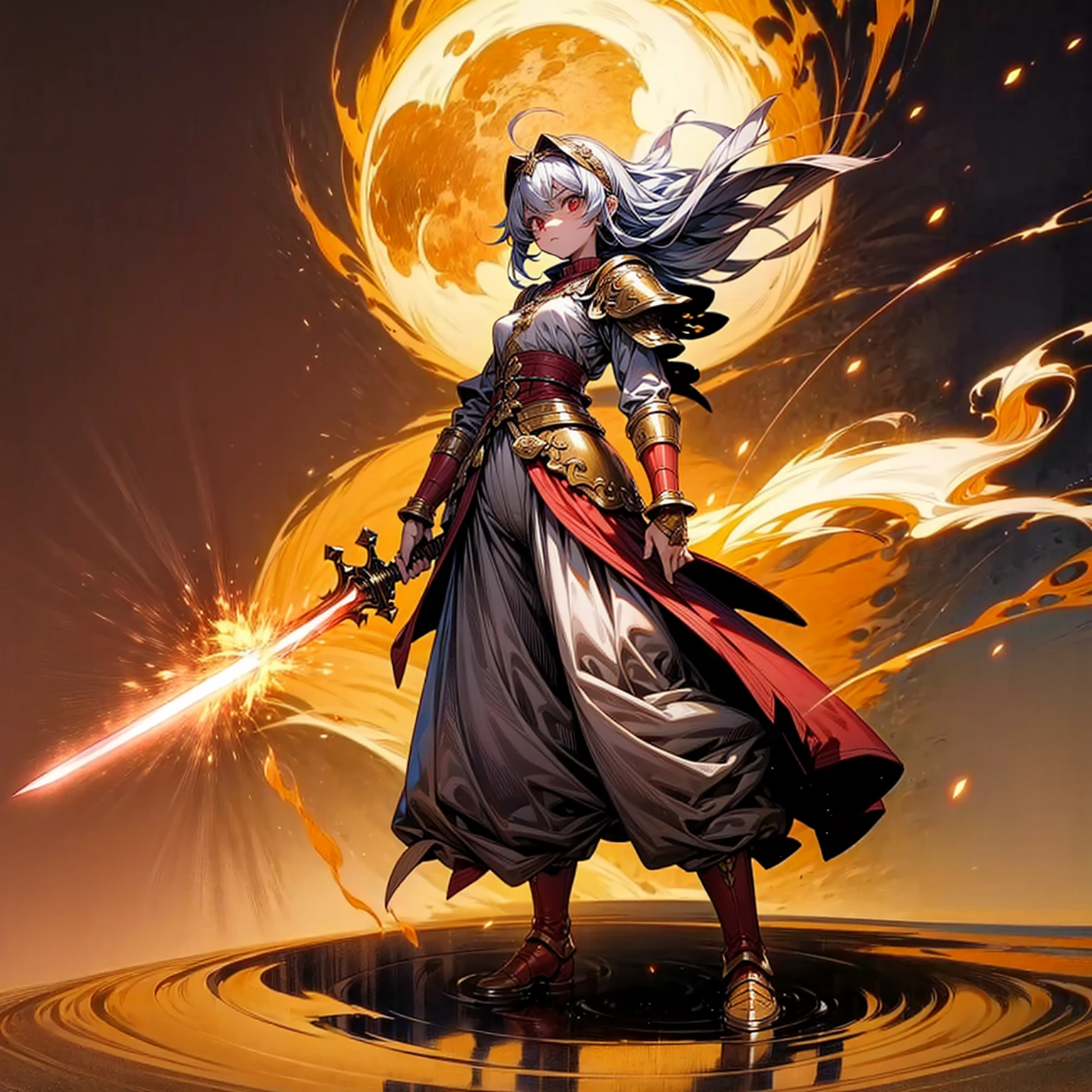 1childern girl, Full body version, 1character, red eyes, long haircut, silver colour hair, Ancient Roman clothing, gold armors, long pants, boots, Grassroots, full background in field, motion blur, lighting, (one piece art), standing gesture, gold sword in hand, lighting fire effect on sword, lighting on sword, smoke effect, fire effect, blood on background, Fire effect on background, plasma effect, moon, Moonlight 