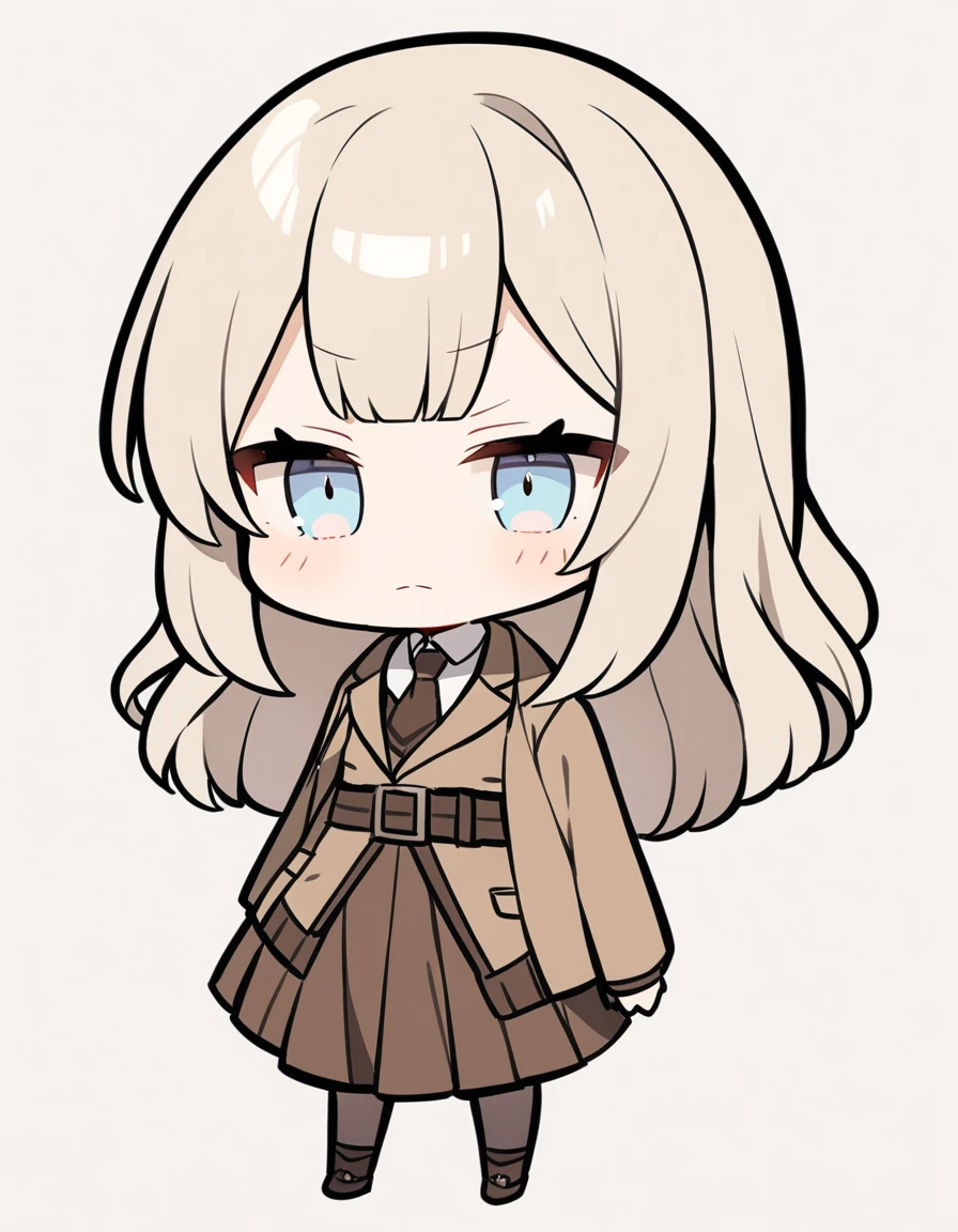 One girl, Beige hair、Long Hair、Bangs、Detective Suit、chibi,Light blue eyes、simple background、skirt、Brown clothes、Tired face