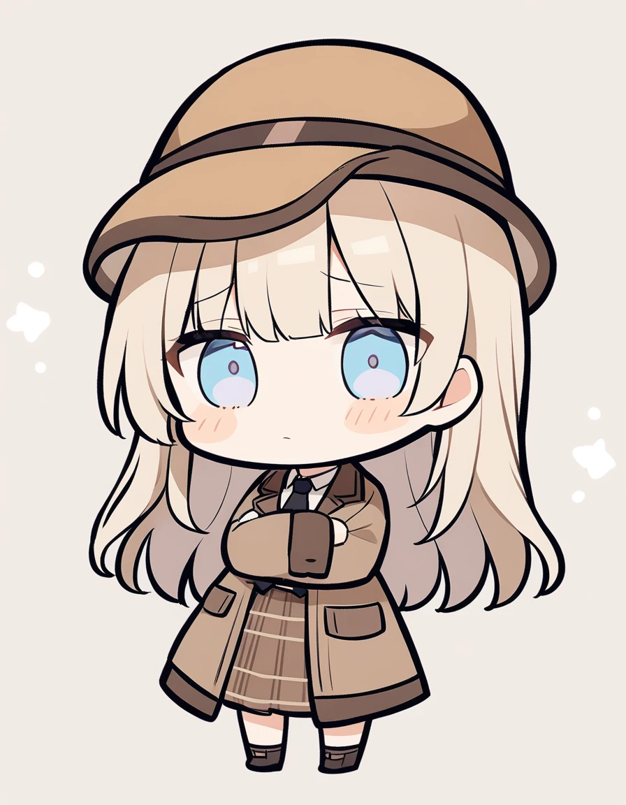 One girl, Beige hair、Long Hair、Bangs、Detective Suit、chibi,Light blue eyes、simple background、skirt、Brown clothes、Tired face