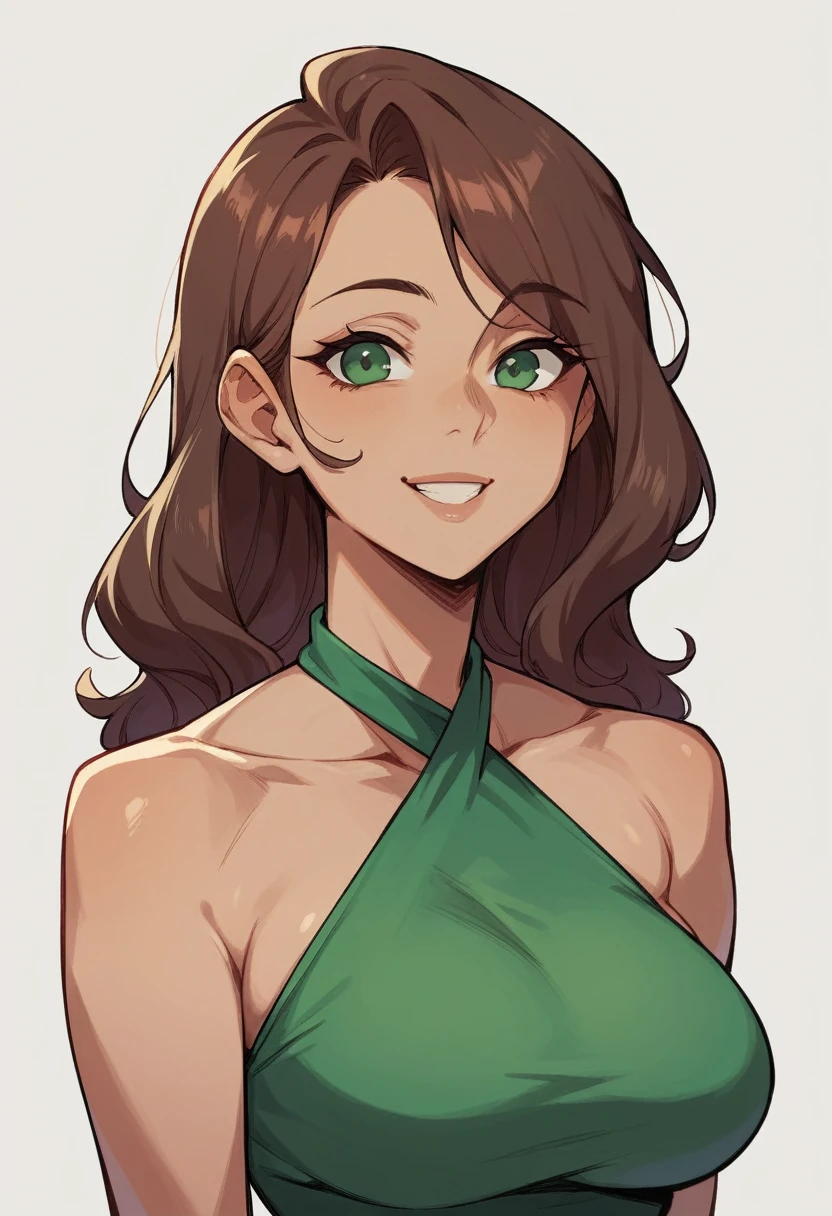score_9, score_8_up, score_7_up, 1 girl, brown hair, dark green eyes, hourglass figure, smile, halter dress, large bust, standing, simple background, white background,