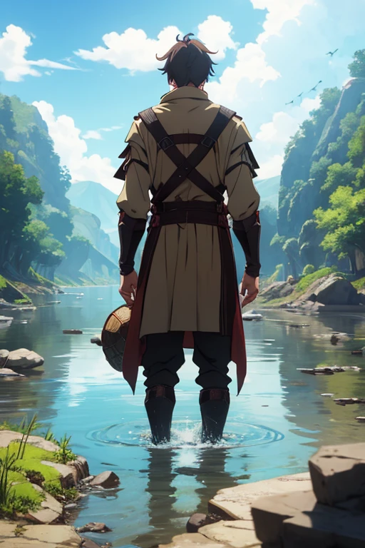 Tall dark-haired man in a river with a turtle shell on his back, medieval anime style