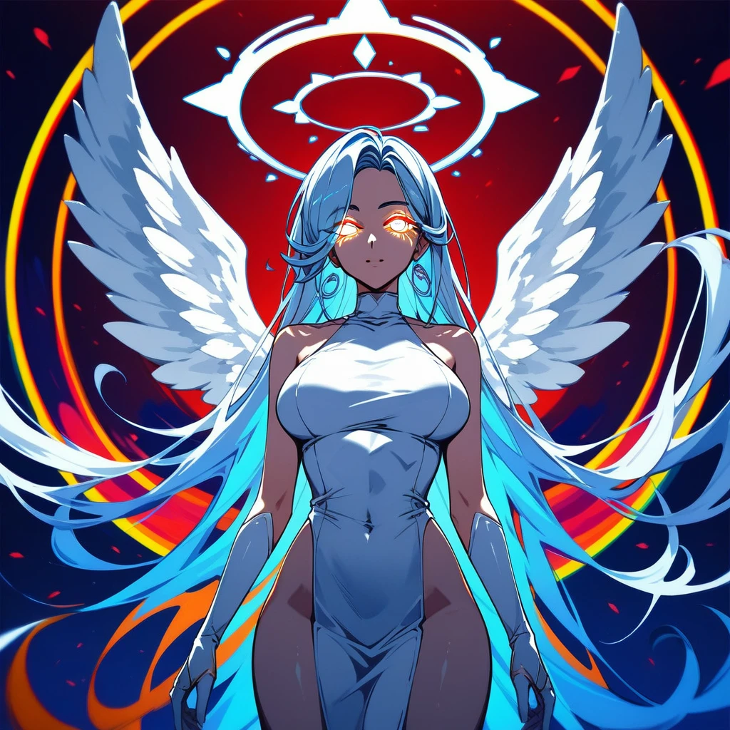 (score_9,score_8_up,score_7_up,score_6_up,score_5_up,score_4_up) with glowing eyes angel wings and a halo in psychedelic art style