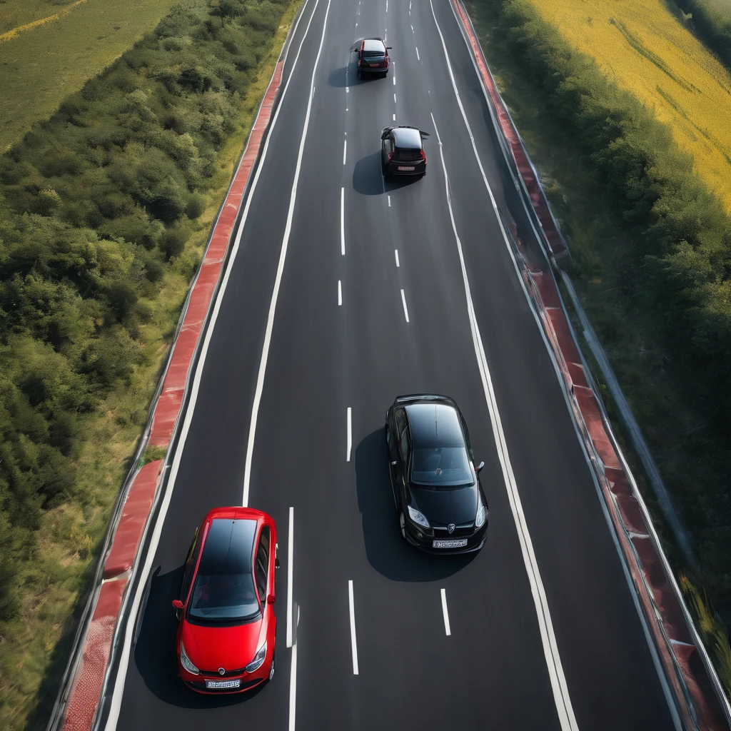 a four-lane highway on which two cars drive side by side in the same direction. In the right lane there is a slow big modern black European electric car, in the left faster lane it is overtaken by a faster driving old red Škoda Fabia 2000 car, top view, high quality detail, photo