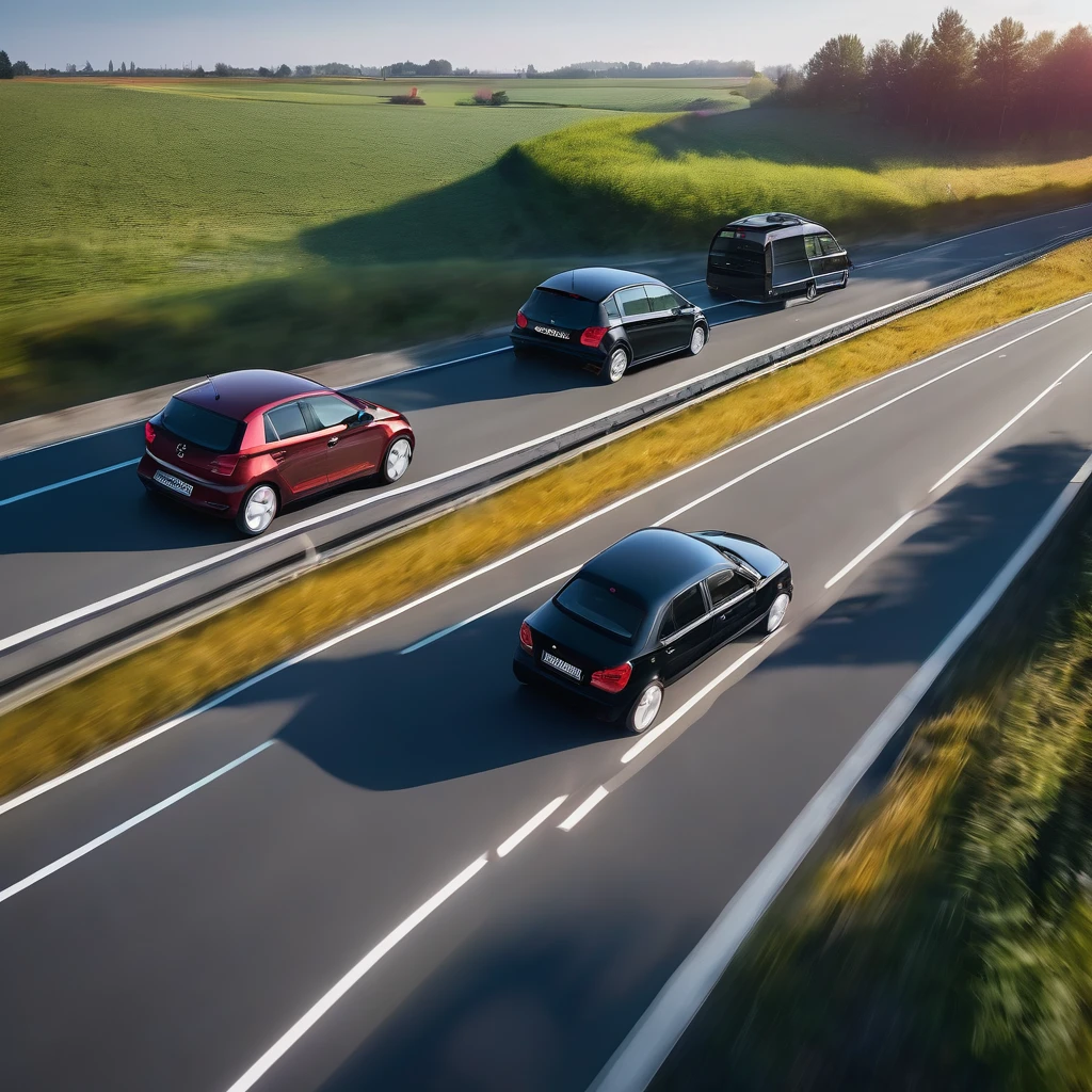 a four-lane highway on which two cars drive side by side in the same direction. In the right lane there is a slow big modern black European electric car, in the left faster lane it is overtaken by a faster driving old red Škoda Fabia 2000 car, top view, high quality detail, photo