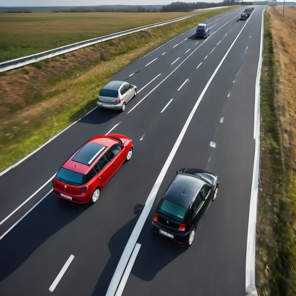a four-lane highway on which two cars drive side by side in the same direction. In the right lane there is a slow big modern black European electric car, in the left faster lane it is overtaken by a faster driving old red Škoda Fabia 2000 car, top view, high quality detail, photo