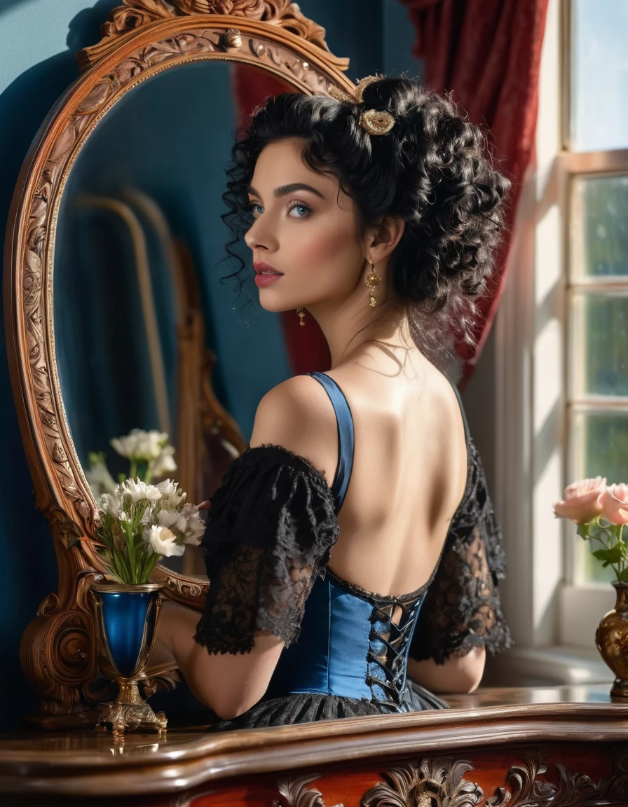 A beautiful woman, with curly black hair and clear, expressive blue eyes, sees her image reflected in the mirror. In a mirror, with finely carved wooden frames, on a Victorian style dressing table, makeup objects, an antique clock and a music box, in a bedroom. She wears a black, red floral, low-cut dress, with detailed and intricate gold lace, draped over her shoulders, against the background of a window, flowers in vases, afternoon light illuminates her hair. 8k, UHD.