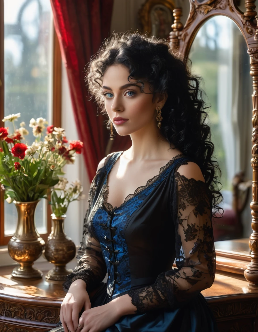 A beautiful woman, with curly black hair and clear, expressive blue eyes, sees her image reflected in the mirror. In a mirror, with finely carved wooden frames, on a Victorian style dressing table, makeup objects, an antique clock and a music box, in a bedroom. She wears a black, red floral, low-cut dress, with detailed and intricate gold lace, draped over her shoulders, against the background of a window, flowers in vases, afternoon light illuminates her hair. 8k, UHD.