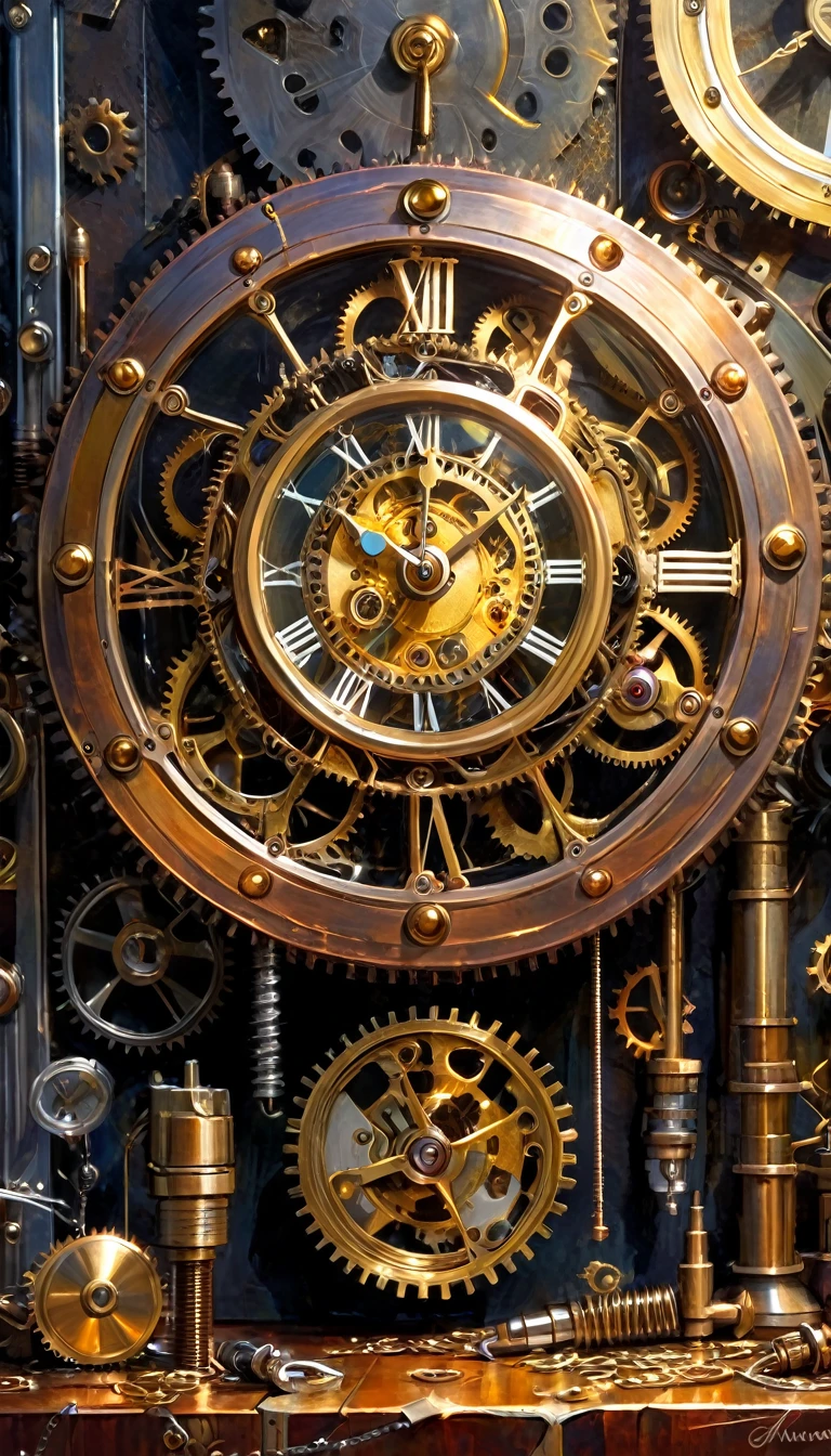 Close up of a steampunk clock in Cooper, Gold and silver parts. The clock is broken, it has intricate details and it is sparking with bright, shimmering light. Dark ambient in steampunk environment, (((no humans))), mechanized parts ara hanging from the wall, lot of components like plugs, screws, bolts, machineries, and tools are sparse on the plain table.  (art inspired by Bill Sienkiewicz). oil painting)