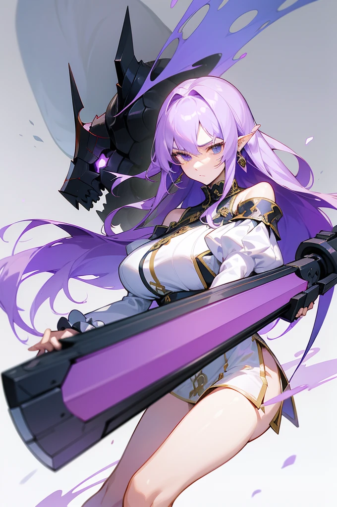 (Beautiful woman，Royal Knights)，Light purple hair、Long Hair、Portrait of a noble knight，Speed Line，Combat Stance，Wield a huge weapon，Expressionless，Faint-hearted face、the below described，magma，Big Scythe、Stocky body、Shoulders out、White background、Fullbody、White clothes、Human ear、alone、Facing forward