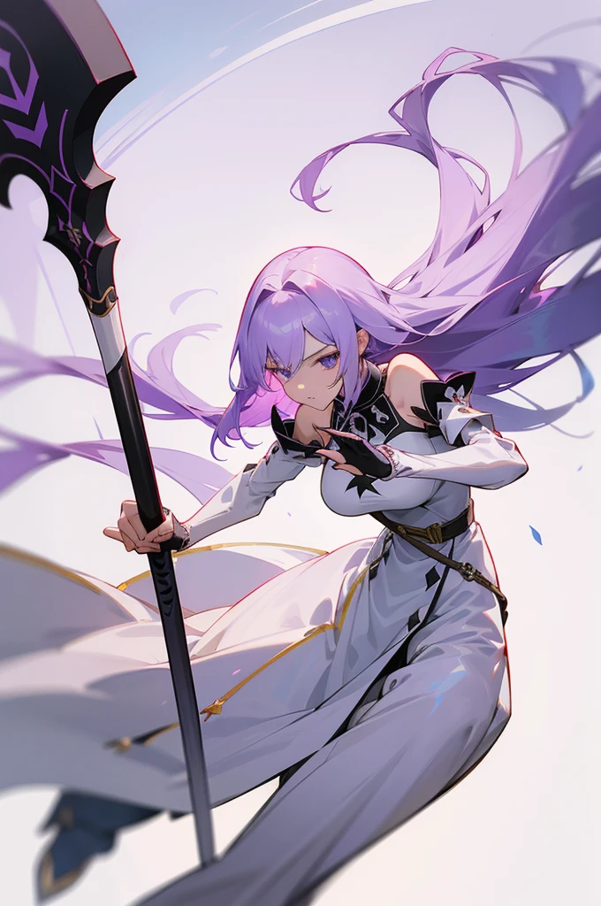 (Beautiful woman，Royal Knights)，Light purple hair、Long Hair、Portrait of a noble knight，Speed Line，Combat Stance，Wield a huge weapon，Expressionless，Faint-hearted face、the below described，magma，Big Scythe、Stocky body、Shoulders out、White background、Fullbody、White clothes、Human ear、alone、Facing forward