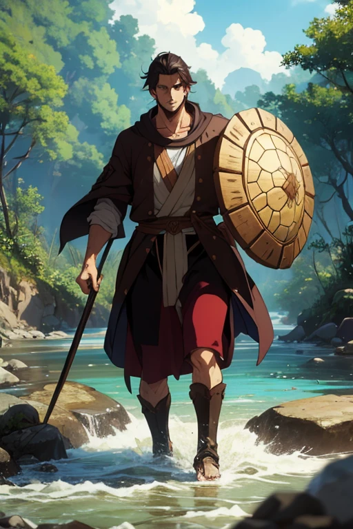 Tall dark-haired man in a river with a turtle shell on his back, ancient medieval anime style 