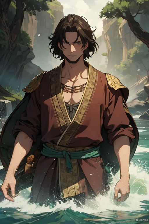 Tall dark-haired man in a river with a turtle shell on his back, ancient medieval anime style