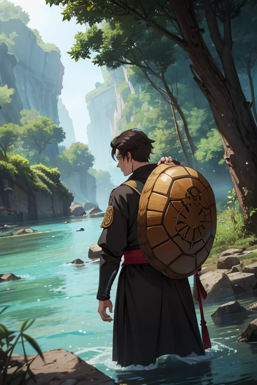 Tall dark-haired man in a river with a turtle shell on his back, ancient medieval anime style 