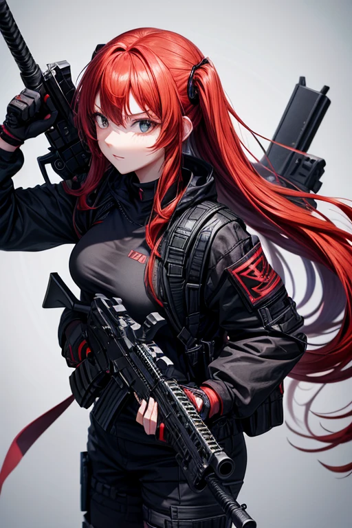 illustratio、(top-quality)、(((masterpiece)))、(Hi-Res)、Original、(Solo Girl)、A sexy、Thick、Big body、(Red-haired),With guns and rifles, Helghast, Wolfenstein, unigine render, holding a blaster, imperial military, cyberpunk imperial military, Have an MP7, with a pistol, RB6s), Wearing a black Sith uniform, Superb Detail, RB6s, RB 6 S, great level of detail