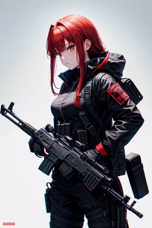Make a red-haired girl, in a black combat suit, two katanas equipped on his back, and with an assault rifle in his hands.