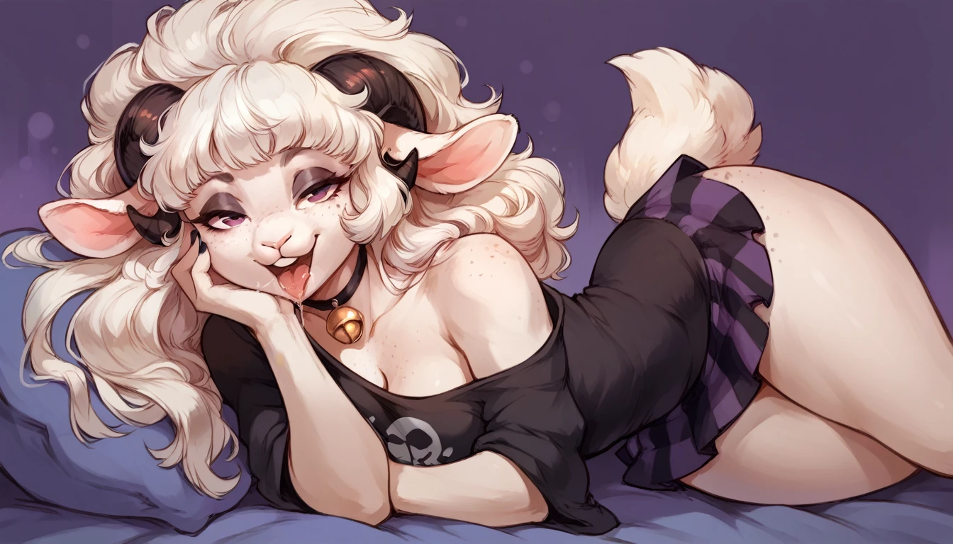(solo) female anthro sheep, long fluffy hair, sheep, attractive, goth, off-the -shoulder short summer blouse,pattern skirt, fit body, sheep tail,, thicc, freckles, freckles on face, smug eyes, (happy sexual expression, moaning with open mouth and tongue out viseble saliva), she is laying on the bed look to the viewer , on back, violet background, simple background, thick thighs (front view)